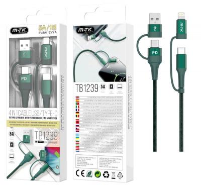 Cable de carga TB1239 4 en 1 (Type-C/USB + lightning/USB ) 1m / 5A / Negro / MTK TB1239